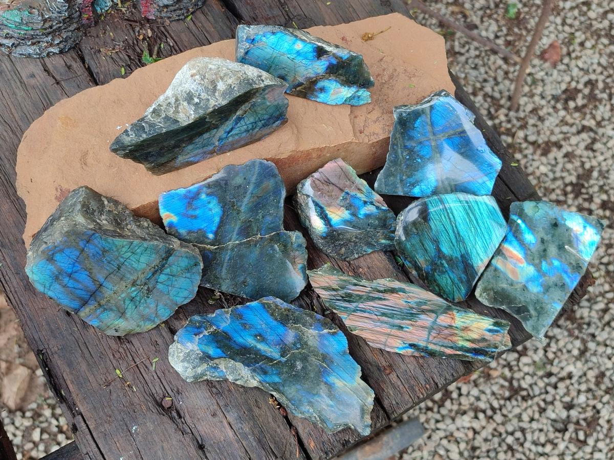 Polished One Side Labradorite Specimens x 12 From Madagascar - Toprock Gemstones and Minerals 