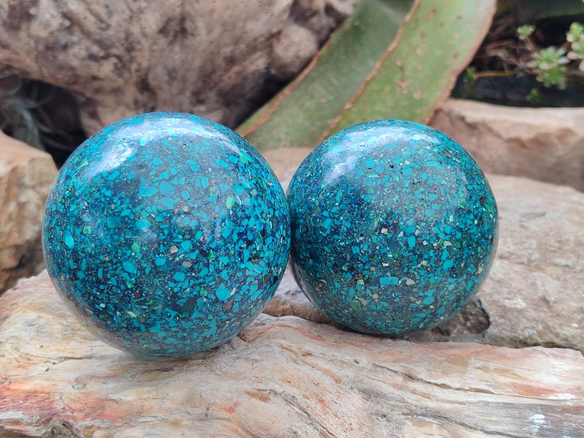 Hand Made Conglomerate Chrysocolla Sphere With Azurite And Malachite x 2 From Congo - Toprock Gemstones and Minerals 