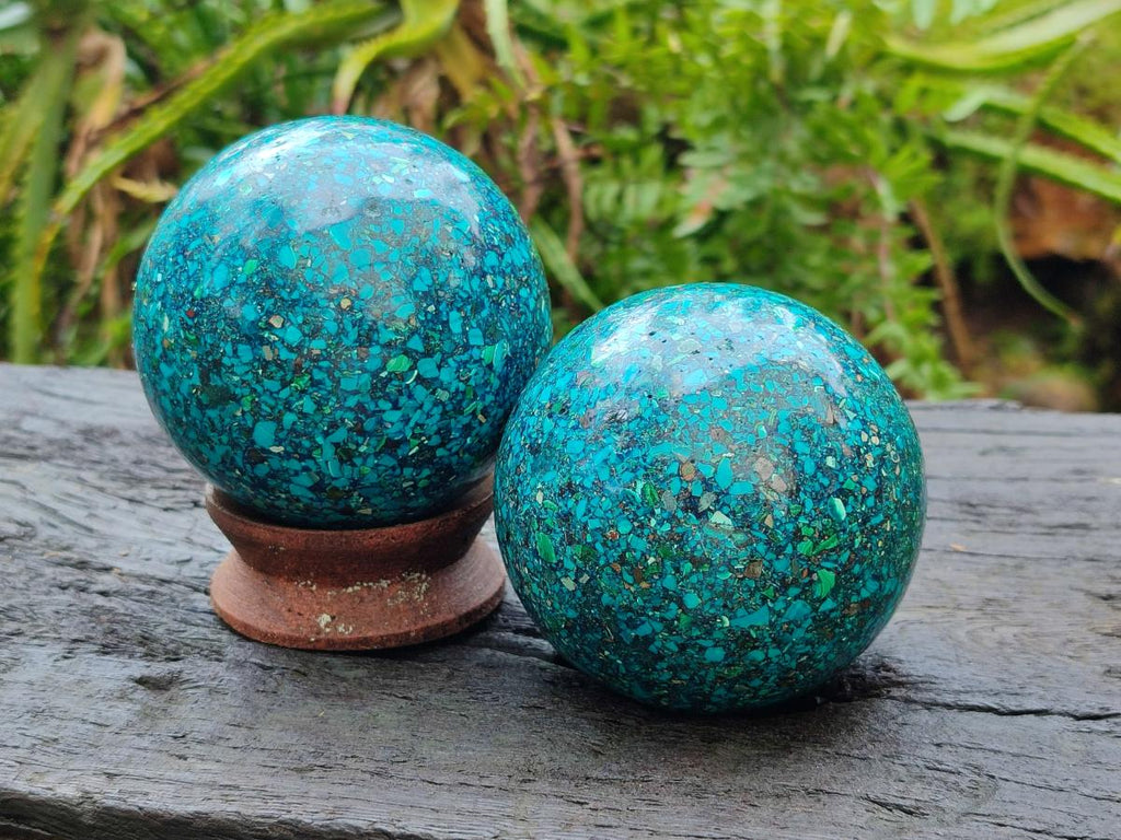 Hand Made Conglomerate Chrysocolla Sphere With Azurite And Malachite x 2 From Congo - Toprock Gemstones and Minerals 