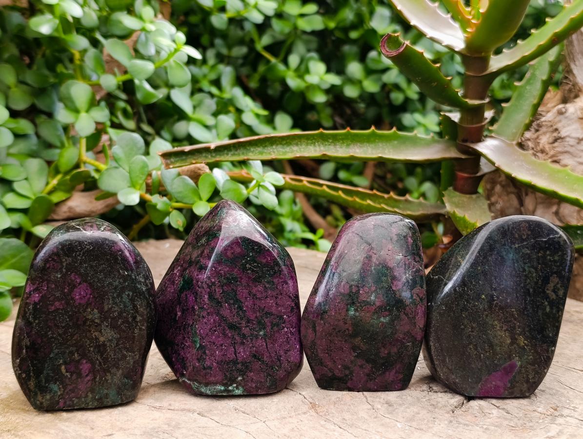 Polished Ruby Corundum In Chrome Verdite Standing Free Forms x 4 From Mutoko, Zimbabwe