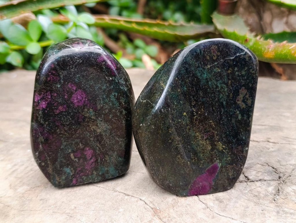 Polished Ruby Corundum In Chrome Verdite Standing Free Forms x 4 From Mutoko, Zimbabwe