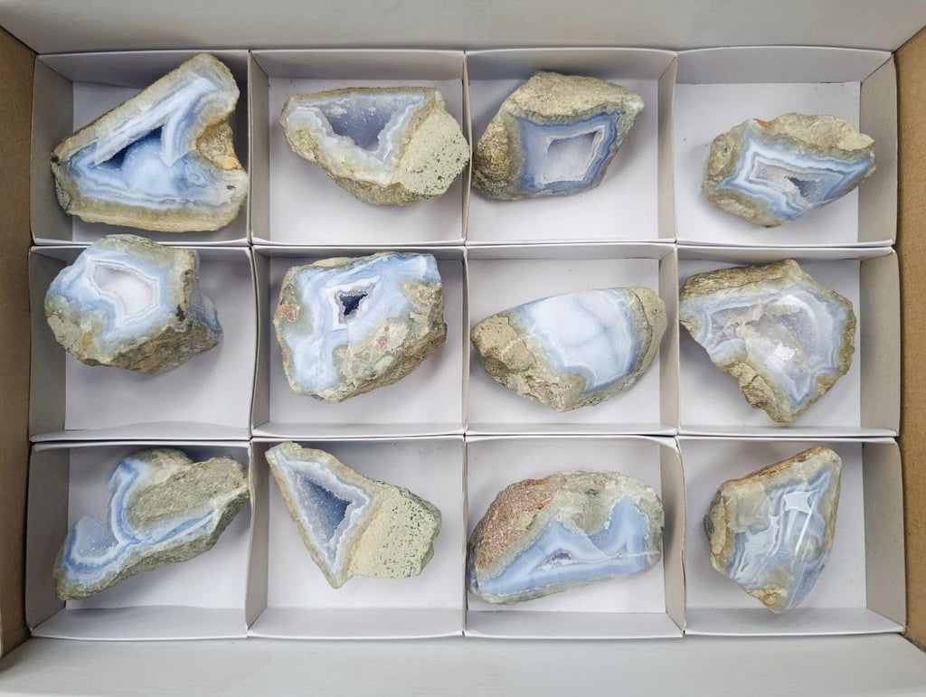 Polished On One Side Blue Lace Agate Geodes x 12 From Nsanje, Malawi - Toprock Gemstones and Minerals 