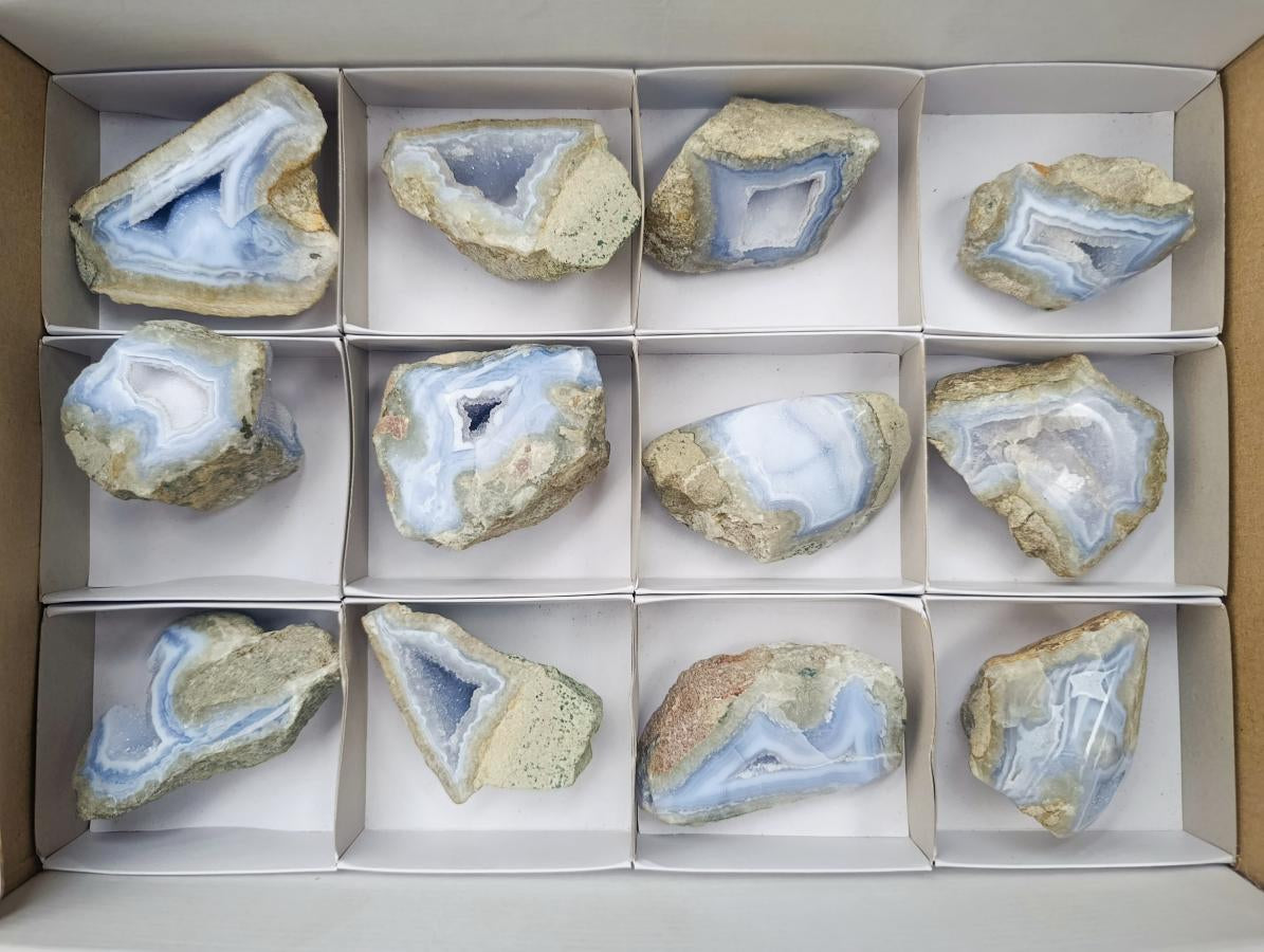 Polished On One Side Blue Lace Agate Geodes x 12 From Nsanje, Malawi - Toprock Gemstones and Minerals 