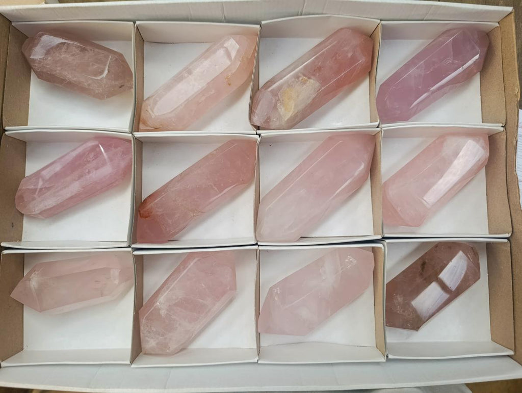 Polished Double Terminated Gemmy Rose Quartz Crystals x 12 From Madagascar - Toprock Gemstones and Minerals 