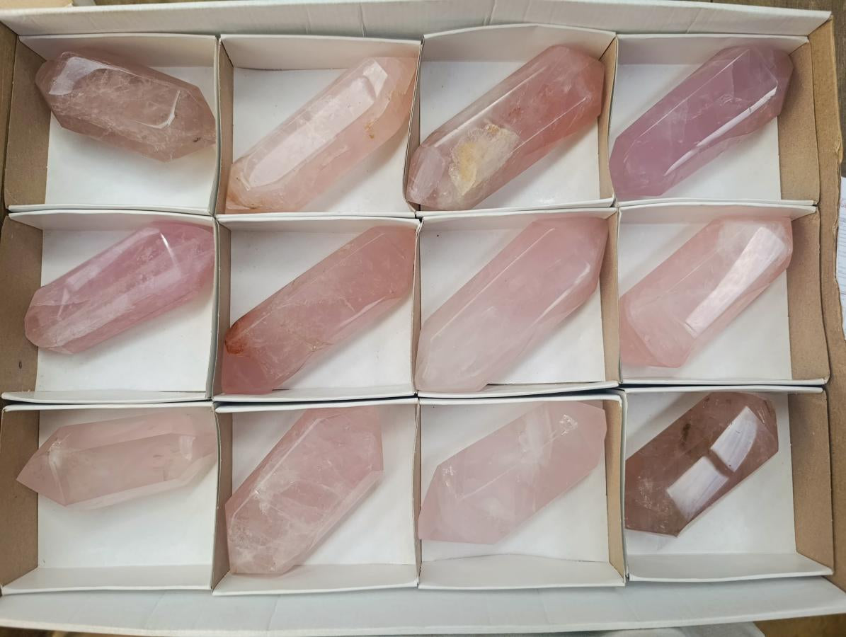 Polished Double Terminated Gemmy Rose Quartz Crystals x 12 From Madagascar - Toprock Gemstones and Minerals 
