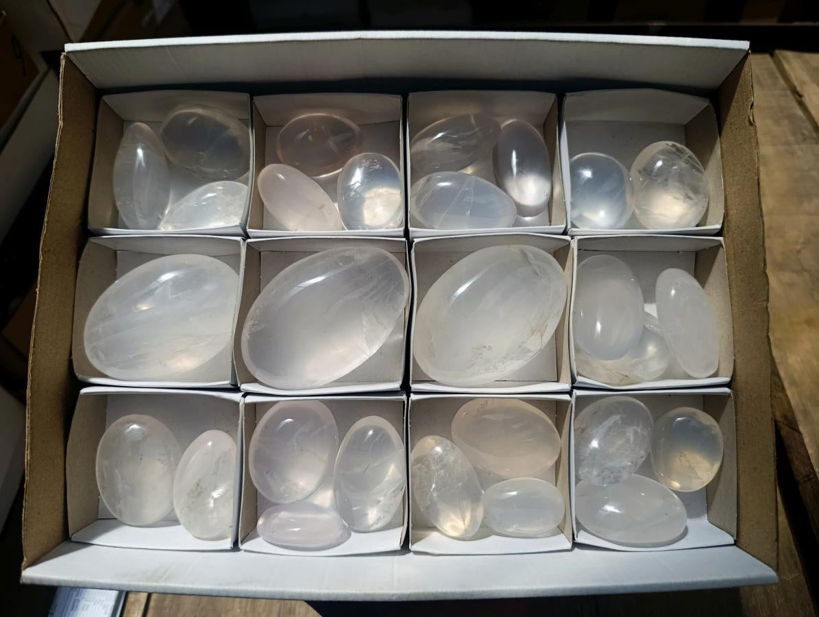 Polished Girasol Pearl Quartz Palm Stones x 23 From Ambatondrazaka, Madagascar - Toprock Gemstones and Minerals 