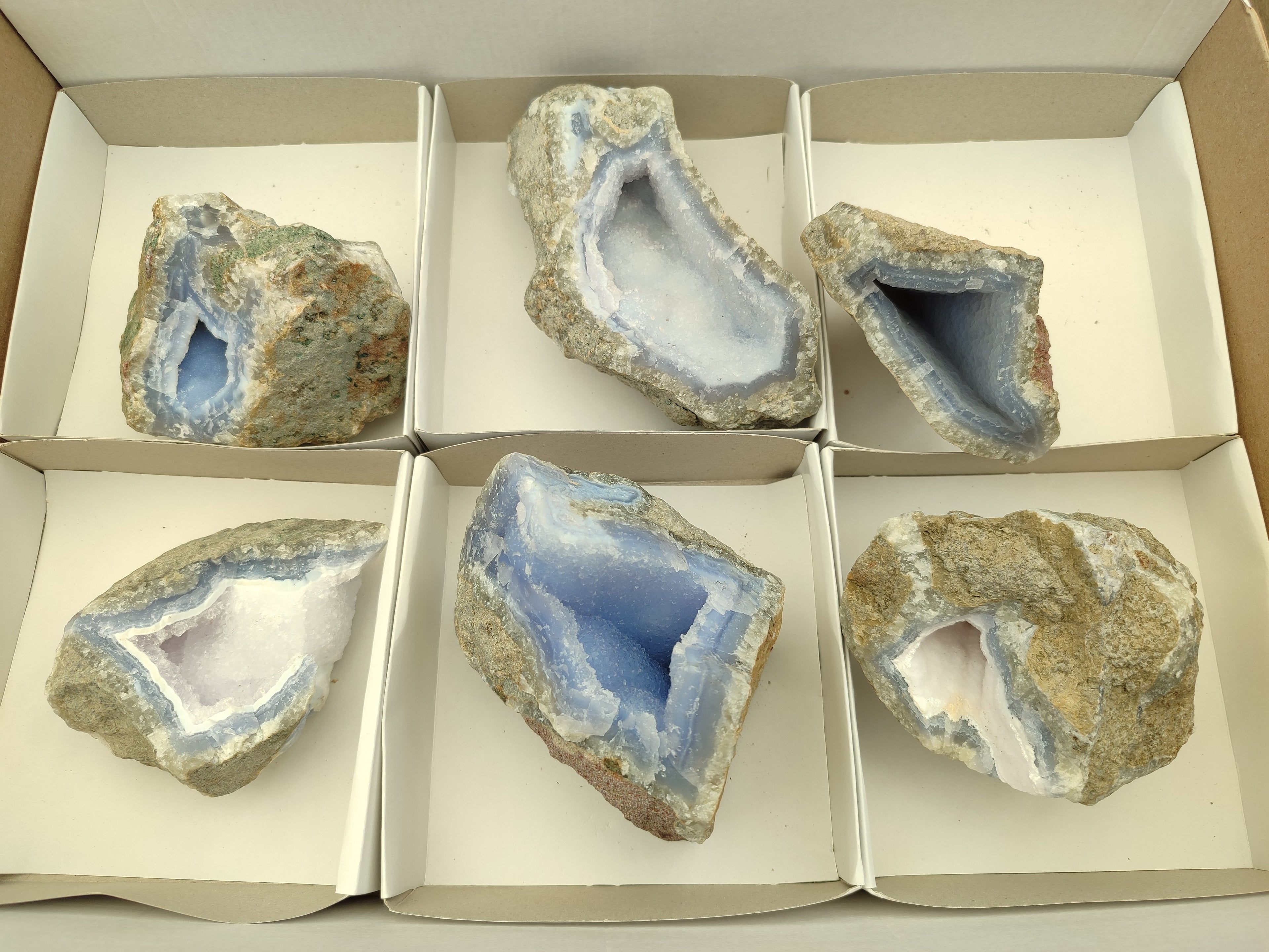 Natural Blue Lace Agate Geode Specimens x 6 From Nsanje, Malawi - Toprock Gemstones and Minerals 