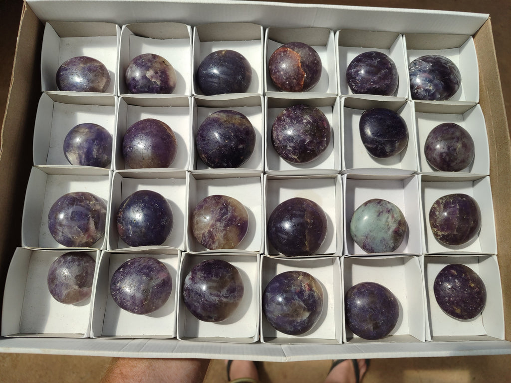 Polished Lepidolite Galets Some with Pink Tourmaline x 24 From Ambatondrazaka, Madagascar - Toprock Gemstones and Minerals 