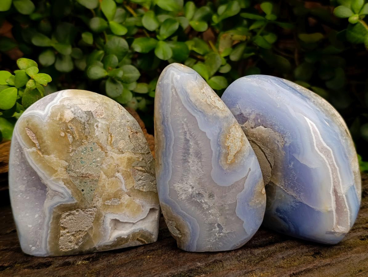 Polished Blue Lace Agate Standing Free Forms x 3 From Nsanje, Malawi - Toprock Gemstones and Minerals 