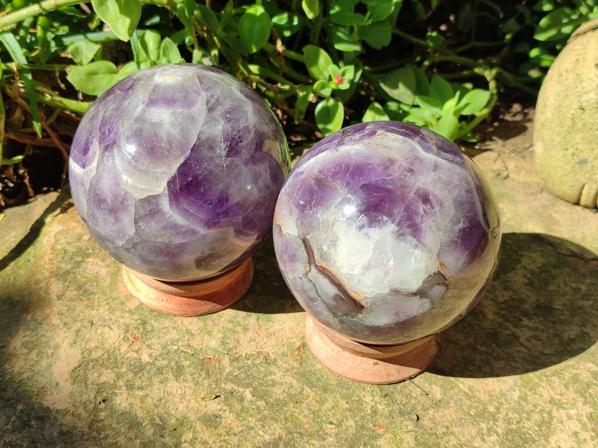 Polished Chevron Amethyst Spheres x 2 From Madagascar - Toprock Gemstones and Minerals 