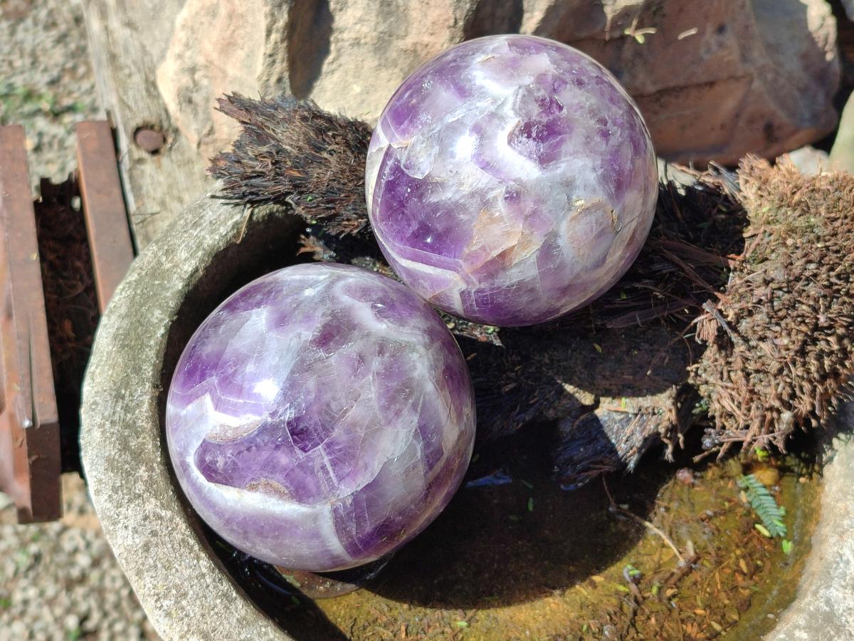 Polished Chevron Amethyst Spheres x 2 From Madagascar - Toprock Gemstones and Minerals 
