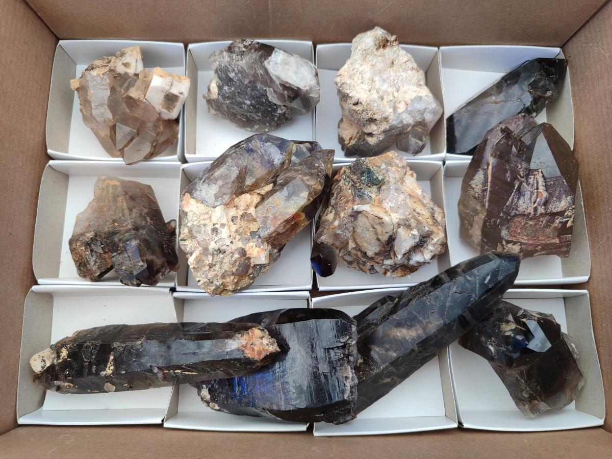 Natural Smokey Quartz Crystals and Clusters x 12 From Mulanje, Malawi - Toprock Gemstones and Minerals 