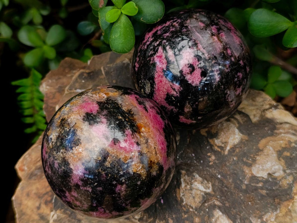 Polished Rhodonite Gemstone Spheres x 2 From Ambindavato, Madagascar - Toprock Gemstones and Minerals 