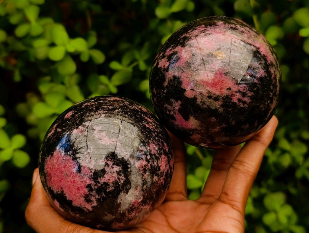 Polished Rhodonite Gemstone Spheres x 2 From Ambindavato, Madagascar - Toprock Gemstones and Minerals 
