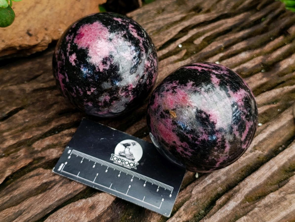 Polished Rhodonite Gemstone Spheres x 2 From Ambindavato, Madagascar - Toprock Gemstones and Minerals 