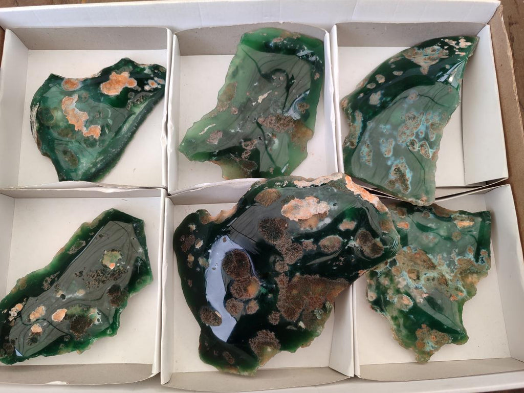 Polished On One Side Mtorolite Chrysoprase Plates x 6 From Mutorashanga, Zimbabwe - Toprock Gemstones and Minerals 