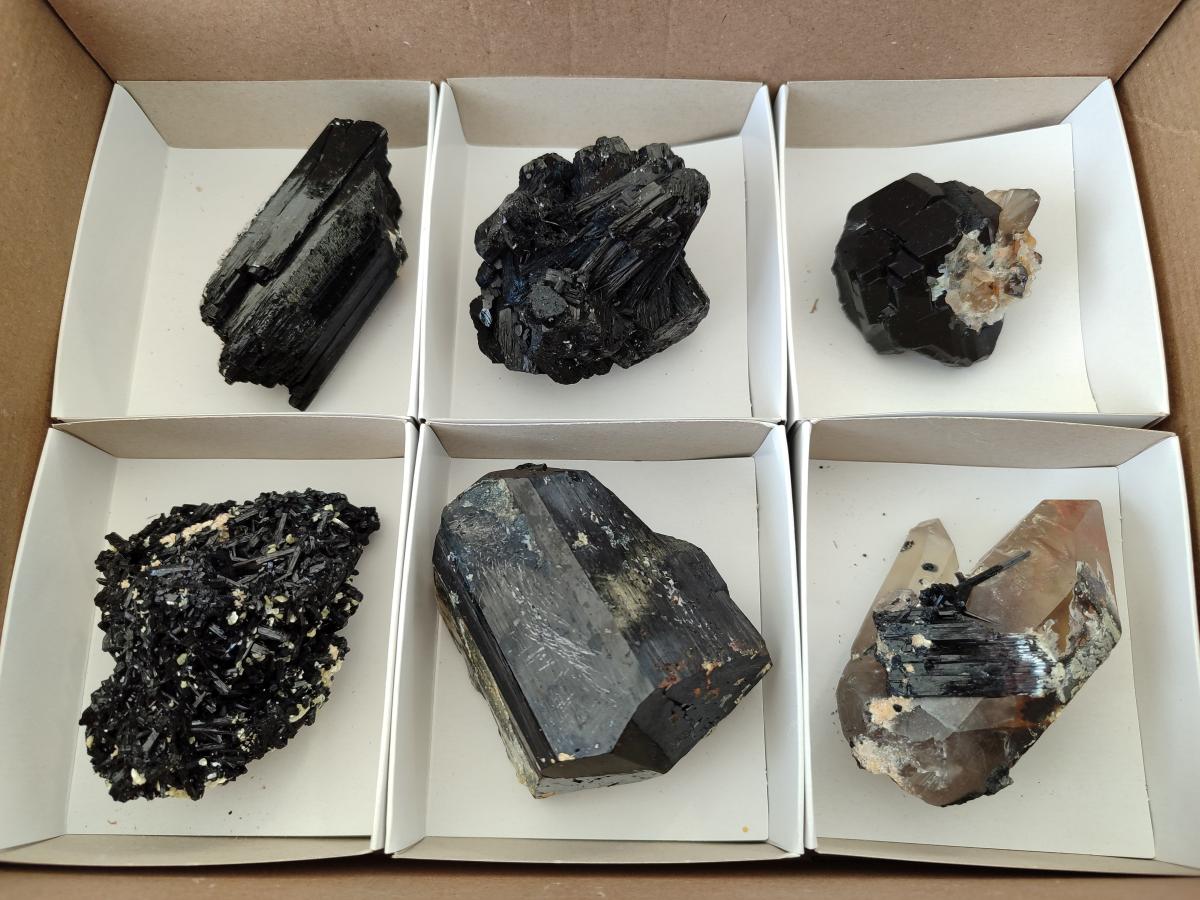Natural Schorl Black Tourmaline with Smokey Quartz and Hyalite Opal x 6 From Erongo, Namibia - Toprock Gemstones and Minerals 