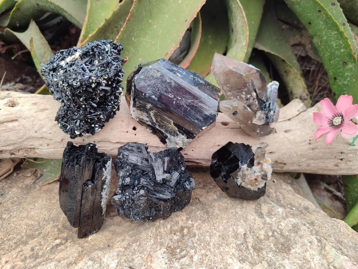 Natural Schorl Black Tourmaline with Smokey Quartz and Hyalite Opal x 6 From Erongo, Namibia - Toprock Gemstones and Minerals 