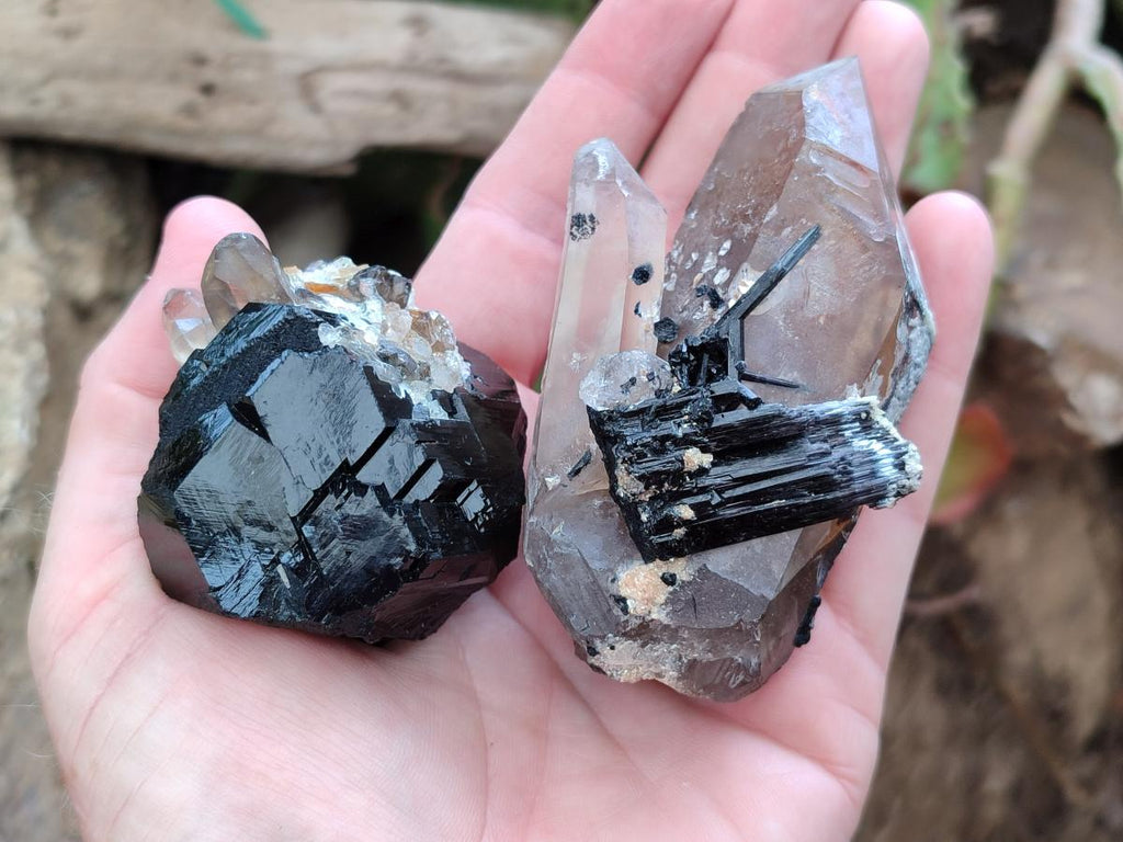 Natural Schorl Black Tourmaline with Smokey Quartz and Hyalite Opal x 6 From Erongo, Namibia - Toprock Gemstones and Minerals 