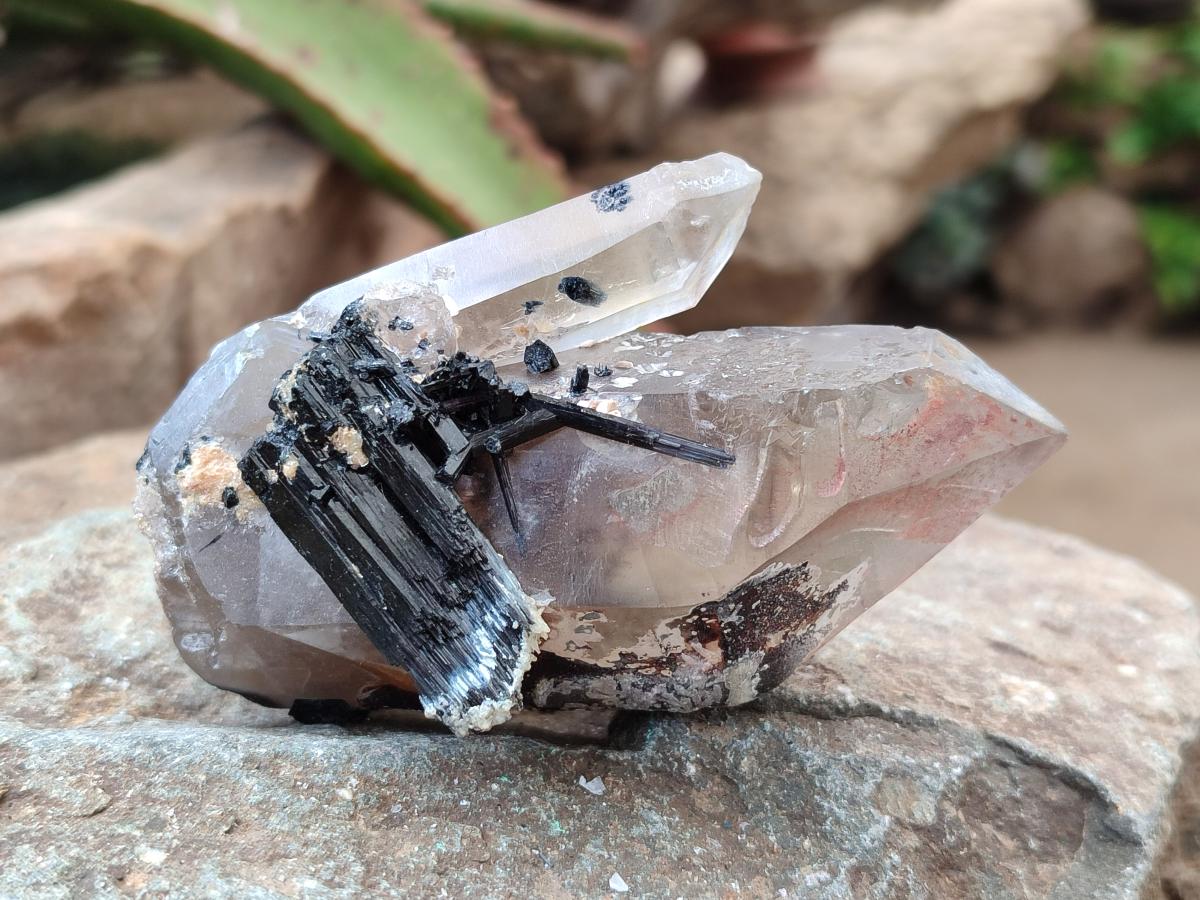 Natural Schorl Black Tourmaline with Smokey Quartz and Hyalite Opal x 6 From Erongo, Namibia - Toprock Gemstones and Minerals 
