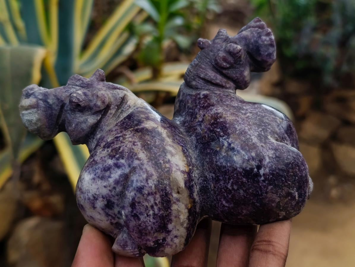 Hand Made Lepidolite and Leopard Stone Hippo Carvings x 2 From Zimbabwe - Toprock Gemstones and Minerals 