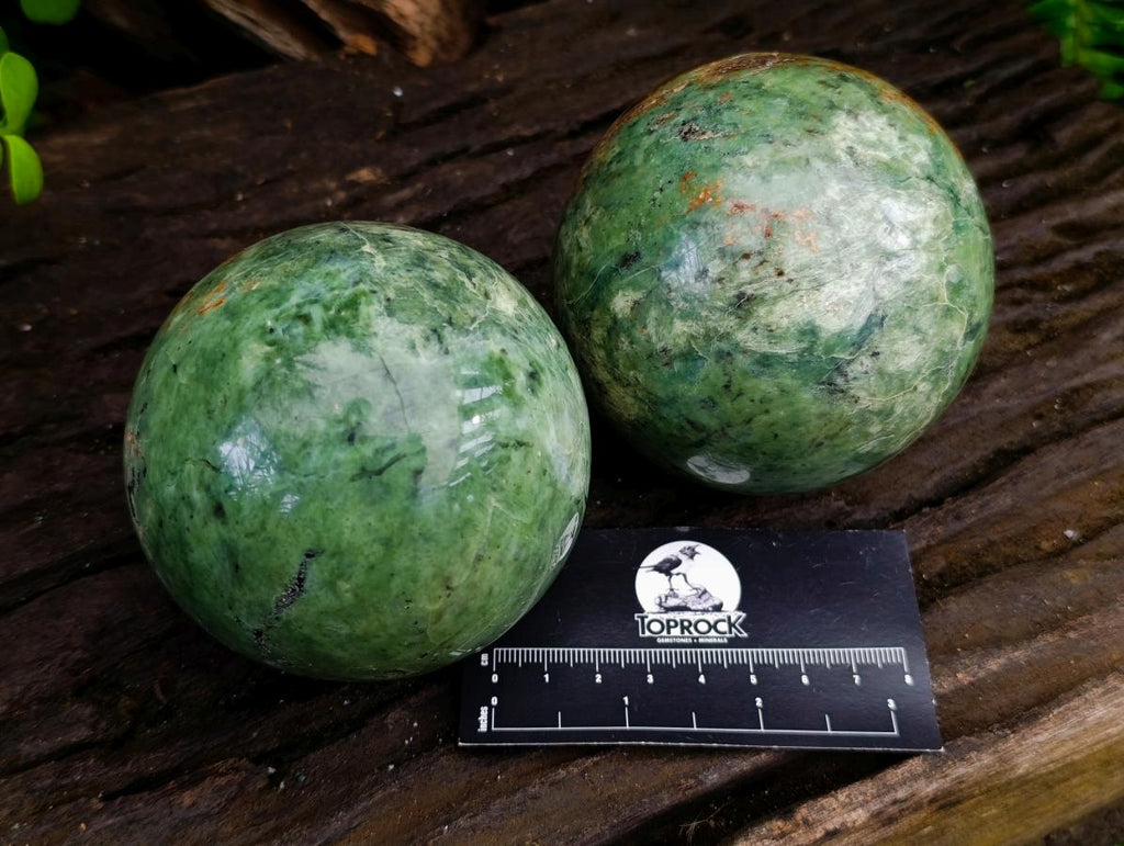 Polished Green Chrysoprase Spheres x 2 From Ambatondrazaka, Madagascar - Toprock Gemstones and Minerals 
