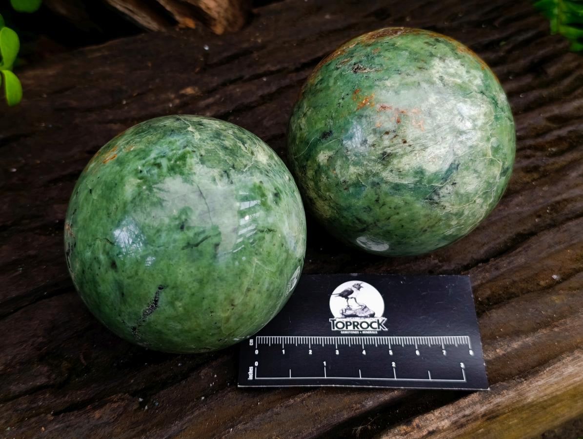 Polished Green Chrysoprase Spheres x 2 From Ambatondrazaka, Madagascar - Toprock Gemstones and Minerals 