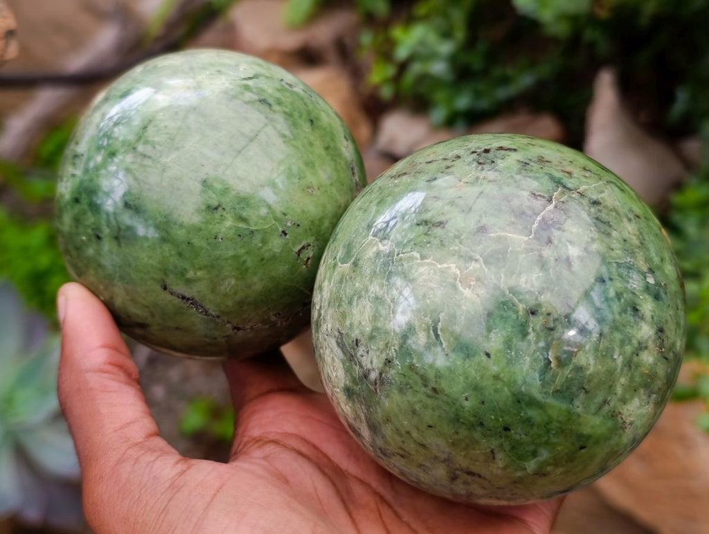 Polished Green Chrysoprase Spheres x 2 From Ambatondrazaka, Madagascar - Toprock Gemstones and Minerals 