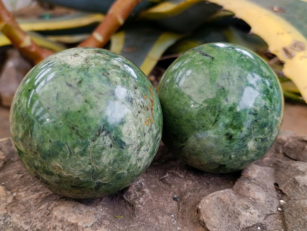 Polished Green Chrysoprase Spheres x 2 From Ambatondrazaka, Madagascar - Toprock Gemstones and Minerals 