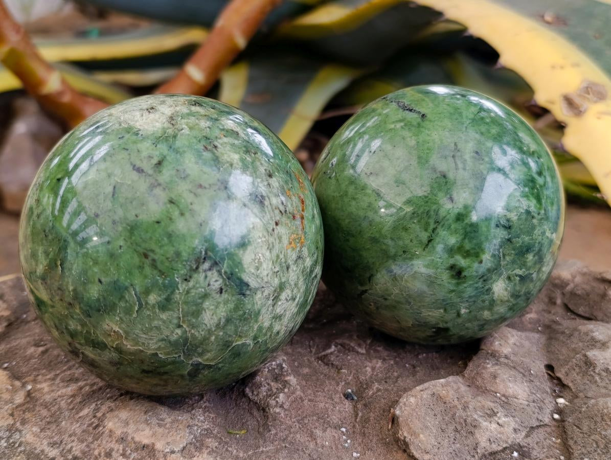 Polished Green Chrysoprase Spheres x 2 From Ambatondrazaka, Madagascar - Toprock Gemstones and Minerals 
