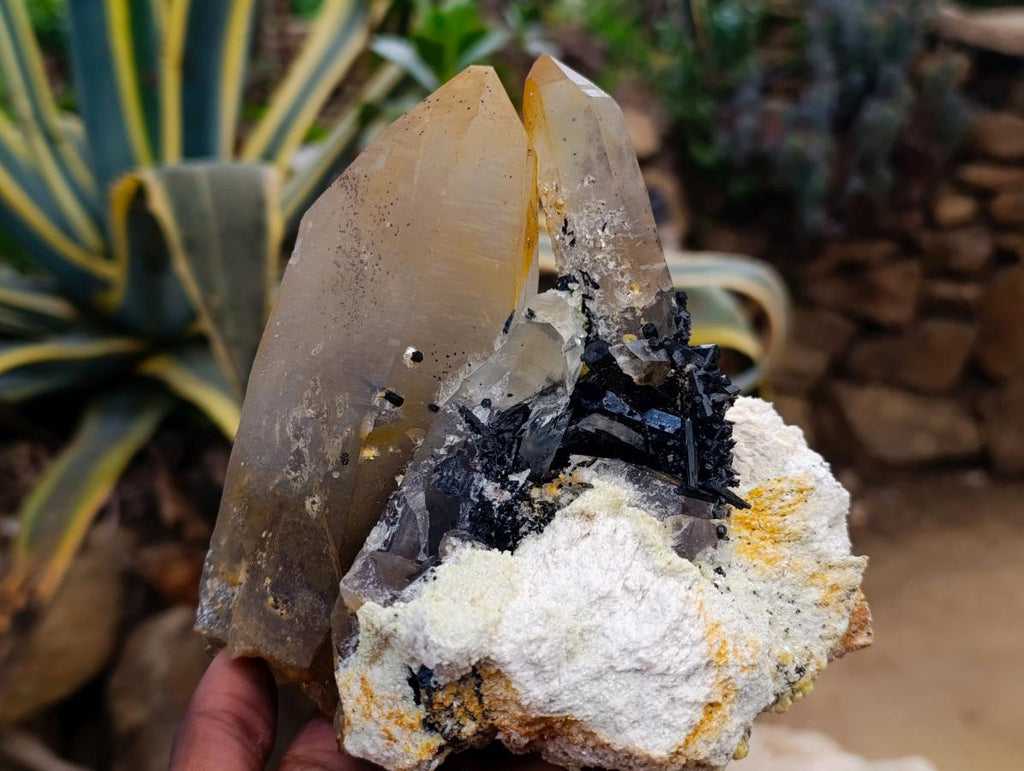 Natural Smokey Quartz Crystals with Schorl, Feldspar and Hyalite Opal x 2 From Erongo, Namibia - Toprock Gemstones and Minerals 