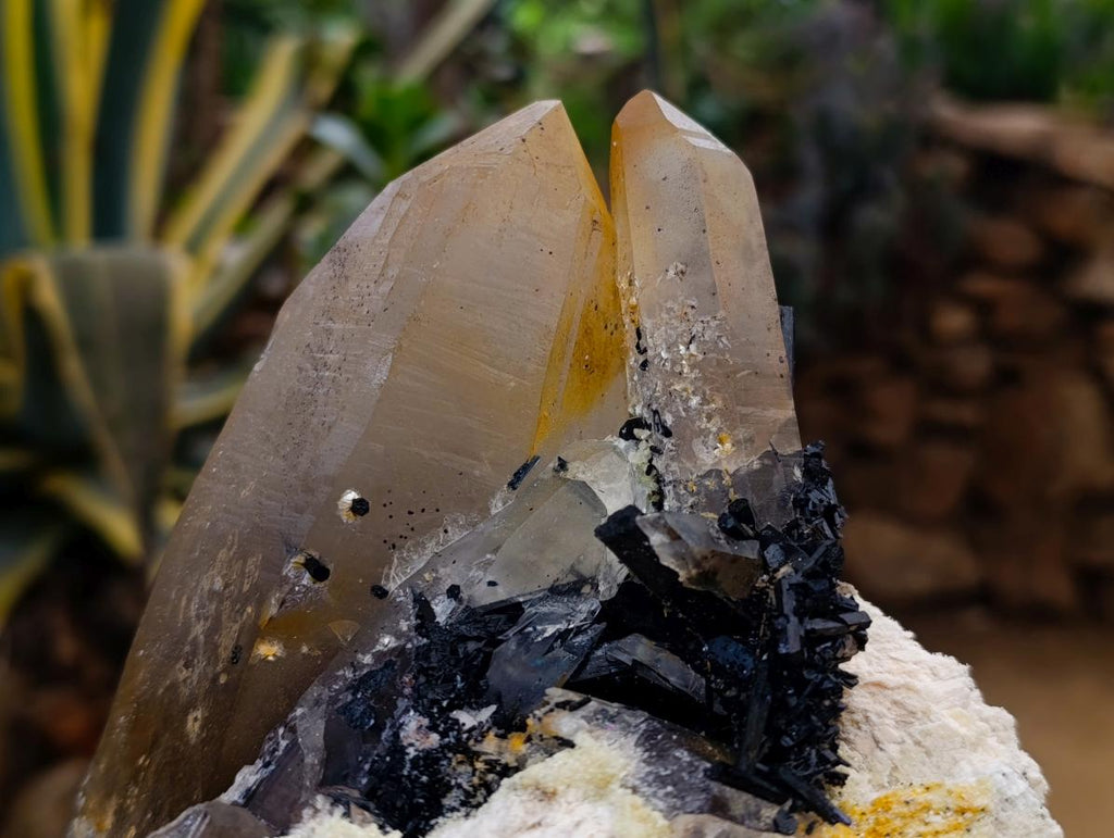 Natural Smokey Quartz Crystals with Schorl, Feldspar and Hyalite Opal x 2 From Erongo, Namibia - Toprock Gemstones and Minerals 