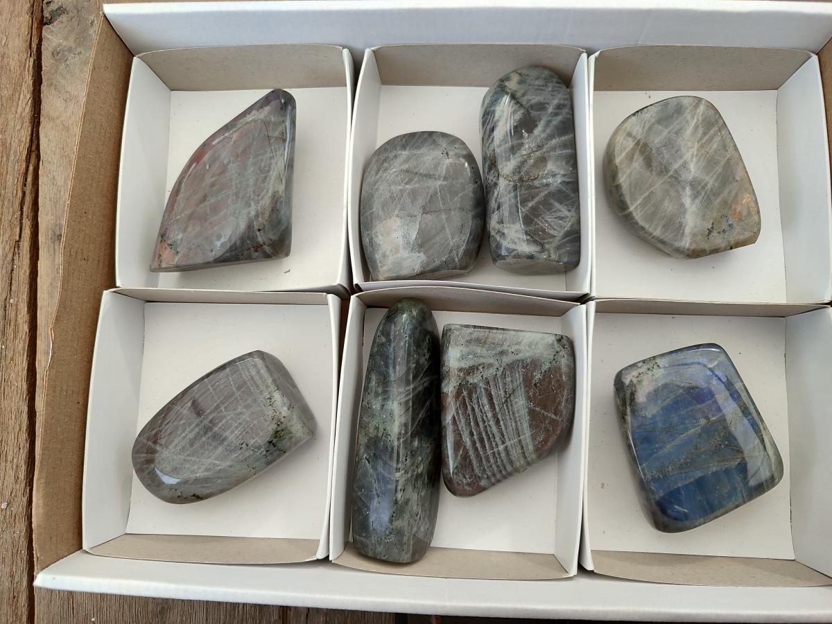 Polished Rare Purple Sunset Flash Labradorite Standing Free Forms x 8 From Madagascar - Toprock Gemstones and Minerals 