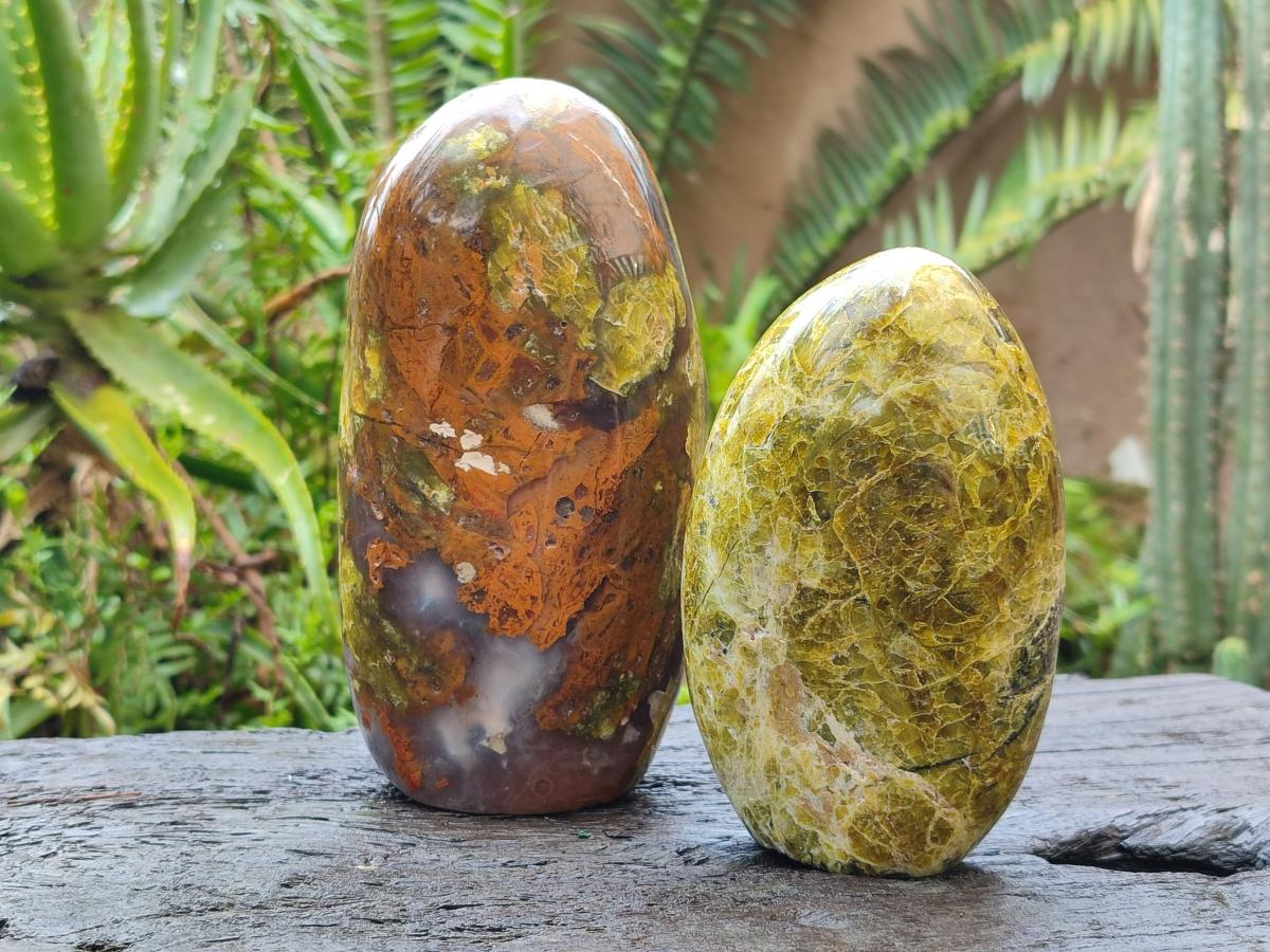 Polished Green Opal Standing Free Forms x 2 From Betroka, Madagascar - Toprock Gemstones and Minerals 