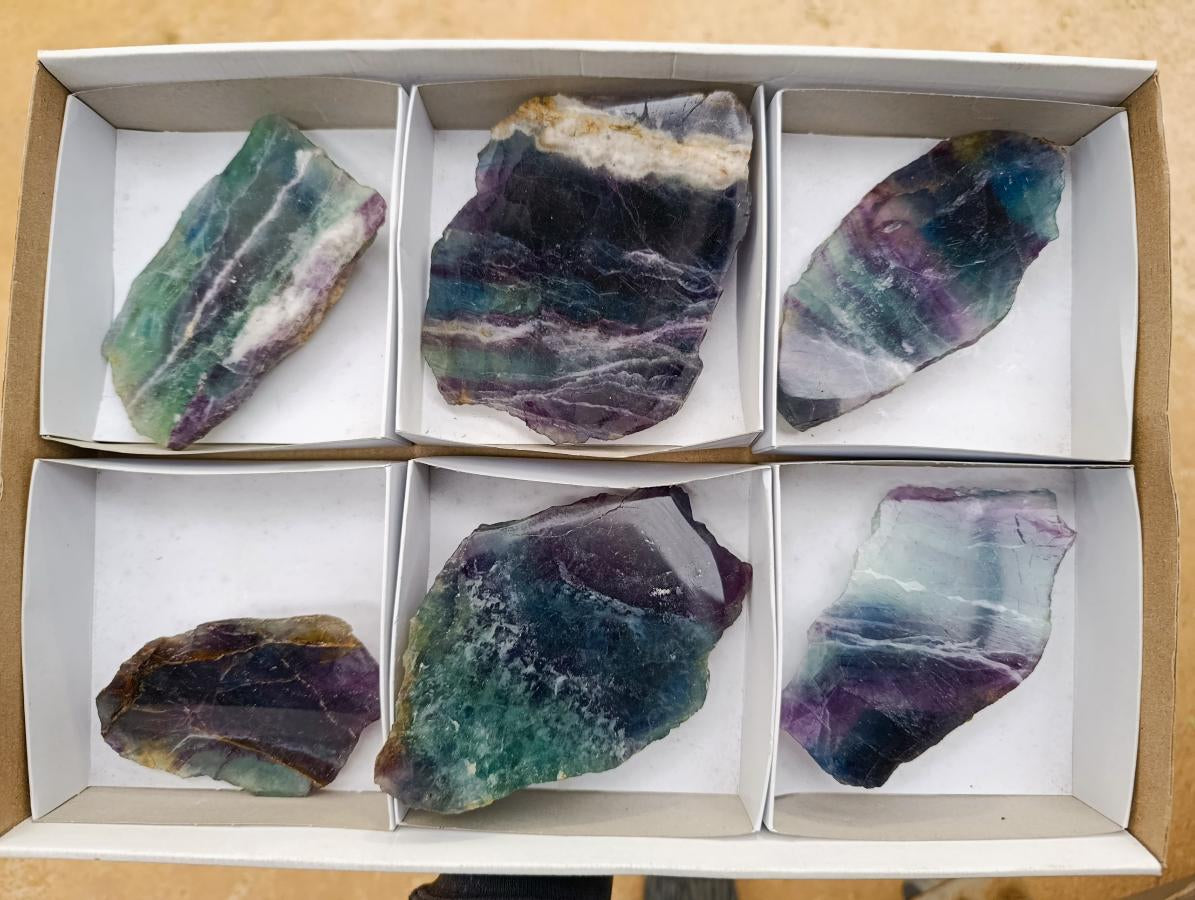 Polished Watermelon Fluorite Slices x 6 From Uis, Namibia - Toprock Gemstones and Minerals 