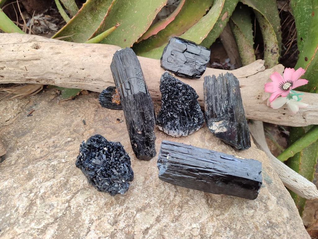 Natural Schorl Black Tourmaline Specimens x 6 From Erongo, Namibia - Toprock Gemstones and Minerals 