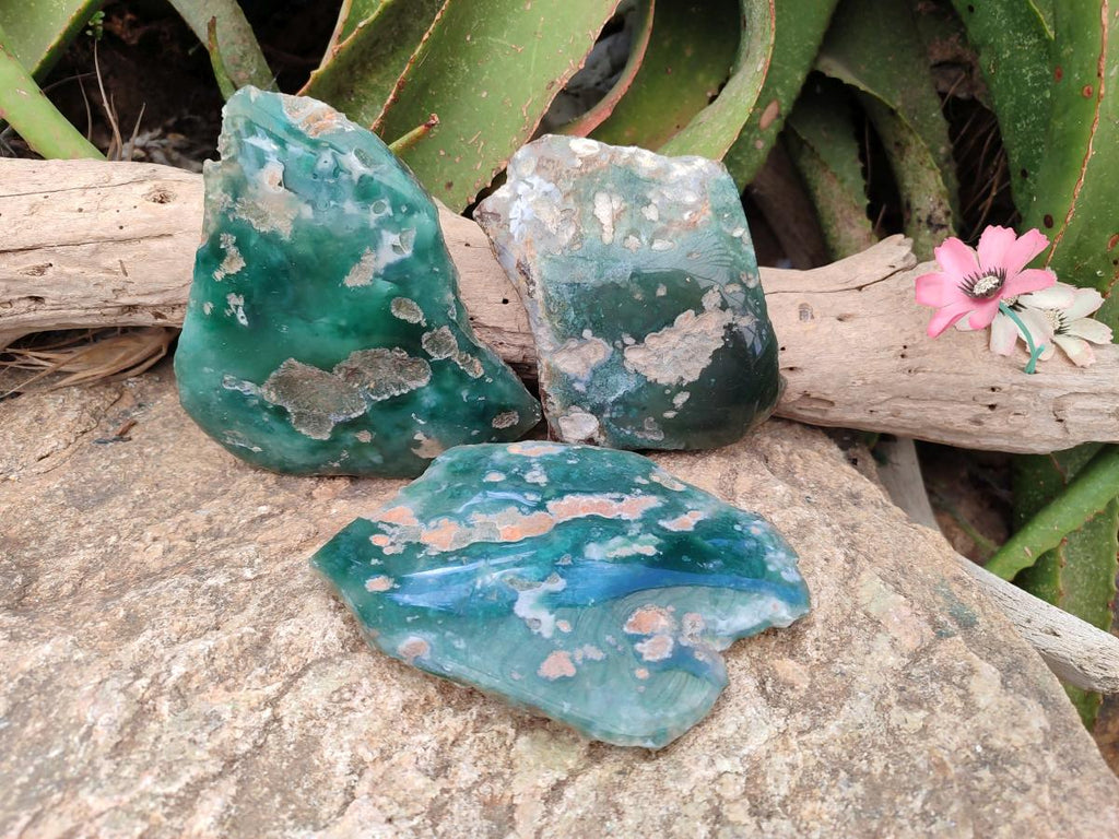 Polished On One Side Mtorolite Chrysoprase Plates x 3 From Mutorashanga, Zimbabwe - Toprock Gemstones and Minerals 