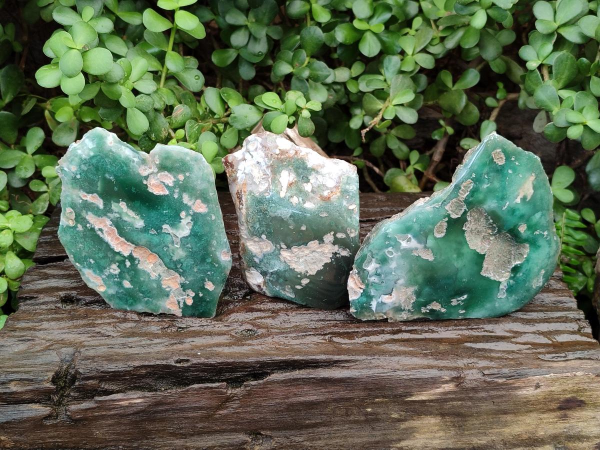 Polished On One Side Mtorolite Chrysoprase Plates x 3 From Mutorashanga, Zimbabwe - Toprock Gemstones and Minerals 