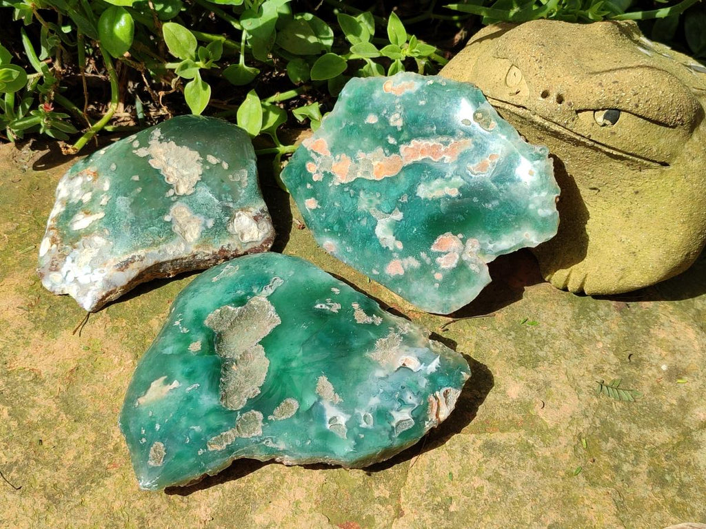 Polished On One Side Mtorolite Chrysoprase Plates x 3 From Mutorashanga, Zimbabwe - Toprock Gemstones and Minerals 