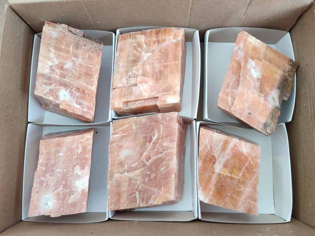 Natural Rhombohedral Sunset Orange Calcite Specimens x 6 From Spitzkop, Namibia - Toprock Gemstones and Minerals 