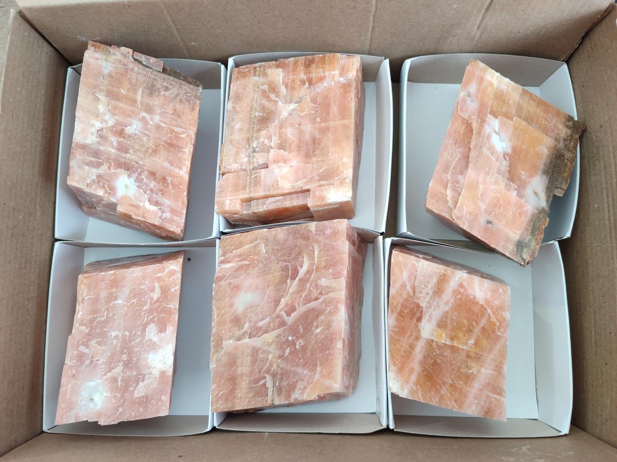 Natural Rhombohedral Sunset Orange Calcite Specimens x 6 From Spitzkop, Namibia - Toprock Gemstones and Minerals 