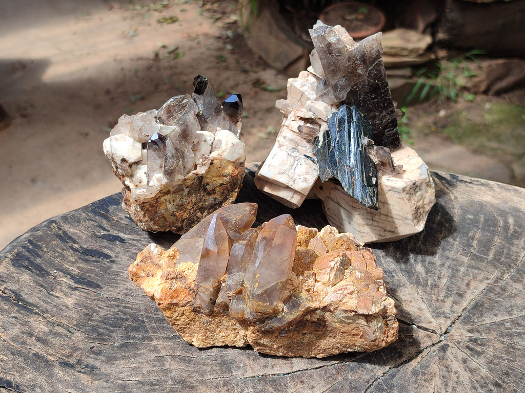Natural Smokey Quartz with Aegirine and Feldspar Clusters x 3 From Zomba Plateau, Malawi - Toprock Gemstones and Minerals 