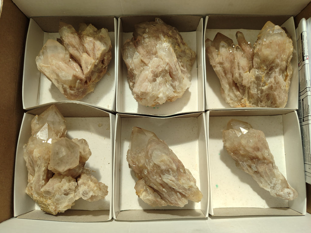 Natural Smokey Phantom Quartz Clusters x 6 From Luena, Congo - Toprock Gemstones and Minerals 