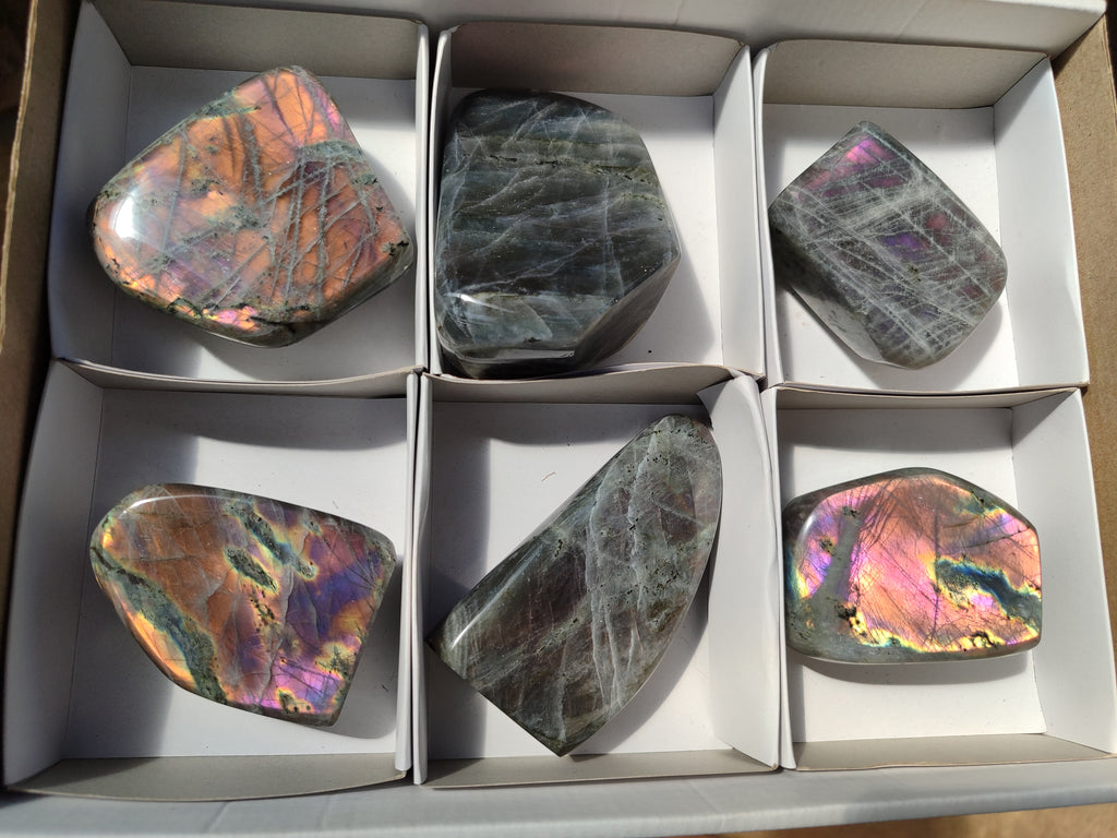 Polished Rare Purple Sunset Flash Labradorite Standing Free Forms x 6 From Madagascar - Toprock Gemstones and Minerals 