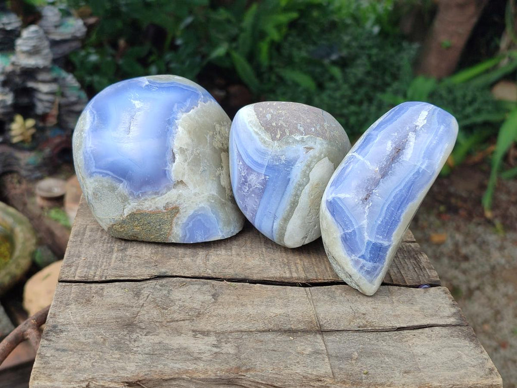Polished Blue Lace Agate Standing Free Forms x 3 From Nsanje, Malawi - Toprock Gemstones and Minerals 