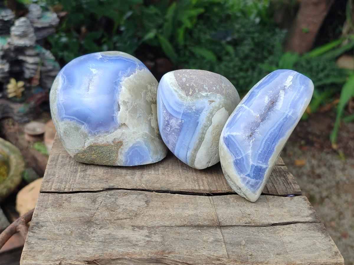 Polished Blue Lace Agate Standing Free Forms x 3 From Nsanje, Malawi - Toprock Gemstones and Minerals 