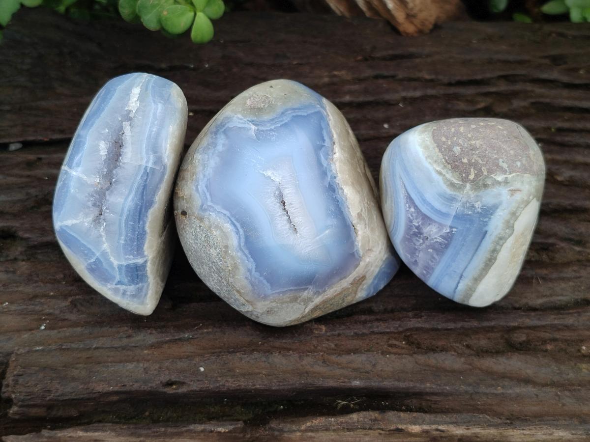 Polished Blue Lace Agate Standing Free Forms x 3 From Nsanje, Malawi - Toprock Gemstones and Minerals 