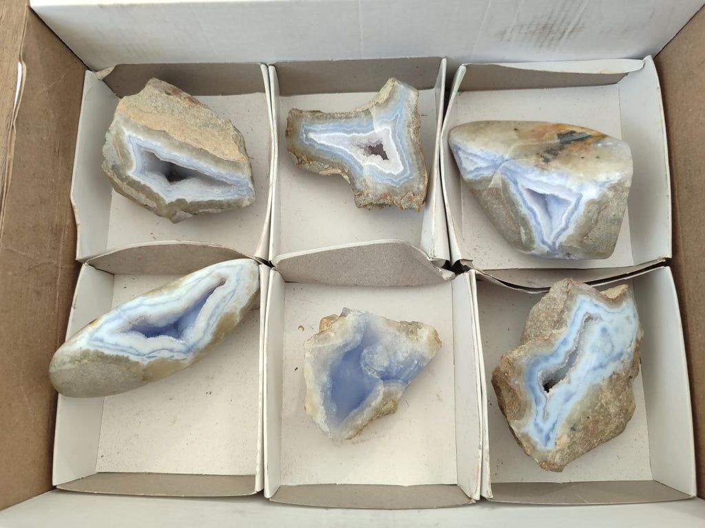 Polished On One Side Blue Lace Agate Geodes x 6 From Nsanje, Malawi - Toprock Gemstones and Minerals 