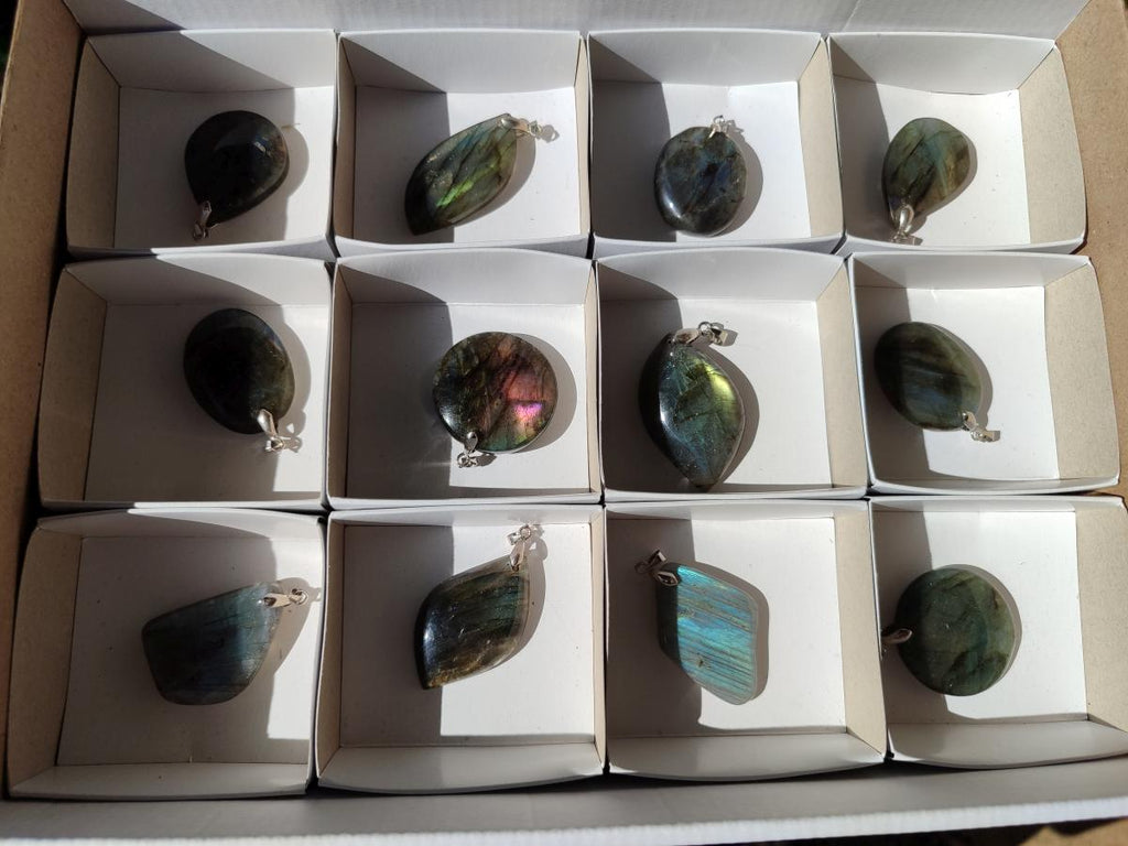 Polished Labradorite Pendants x 12 From Madagascar - Toprock Gemstones and Minerals 