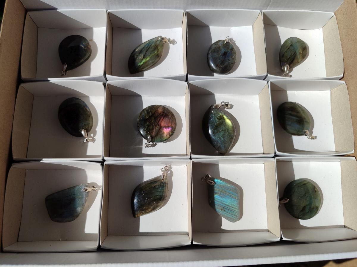 Polished Labradorite Pendants x 12 From Madagascar - Toprock Gemstones and Minerals 